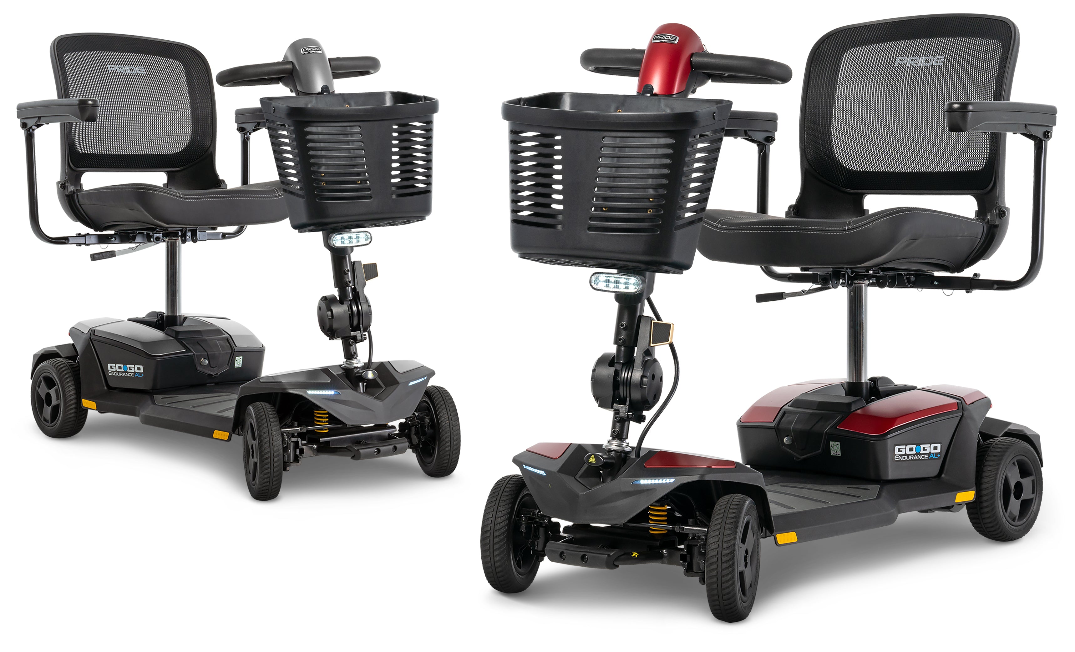 Pride Go Go Endurance AL+ scooters in Euro Grey and Garnet Red, front three-quarter views